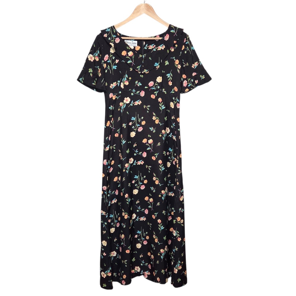 Vtg Dark Floral Maxi Dress Womens 10 Romantic‎ Cottagecore Empire Waist Ruffle